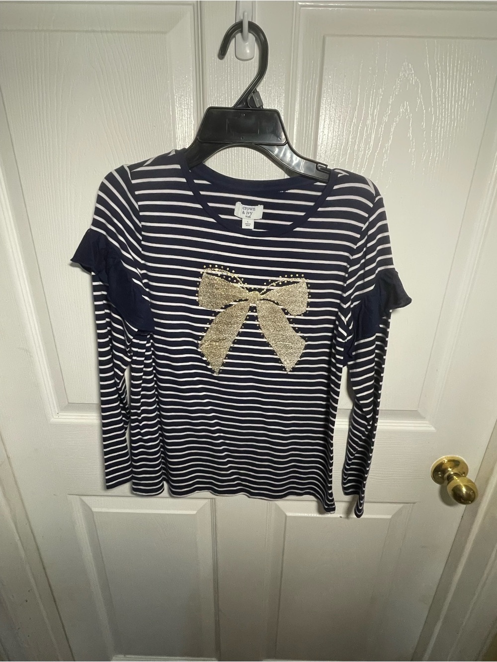 crown & ivy Navy and White Stripe Long Sleeve Top with Gold Sequin Bow